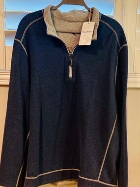 Tommy Bahama Reversible Navy Quarter-Zip Sweater with Contrast Trim - NWT